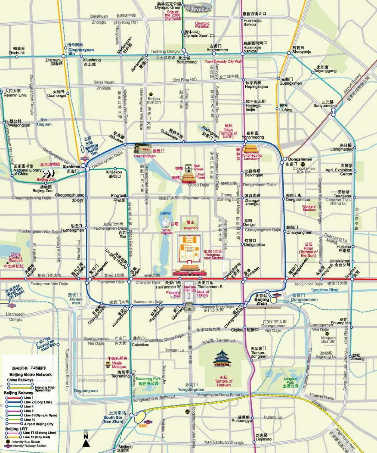 kaart van Beijing metro kaart met toerisme-aantreklikhede